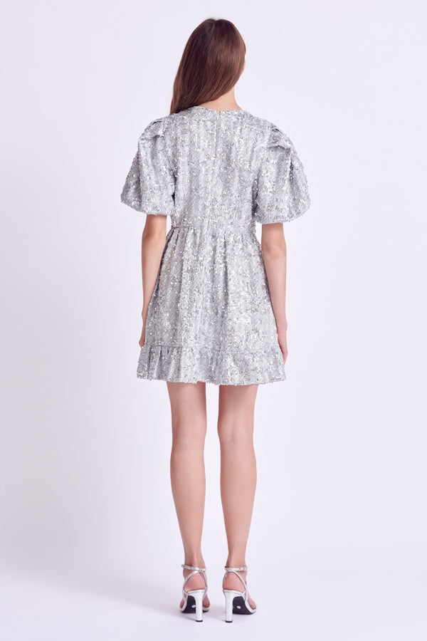 English Factory Sequin Tweed Tiered Mini Dress SILVER