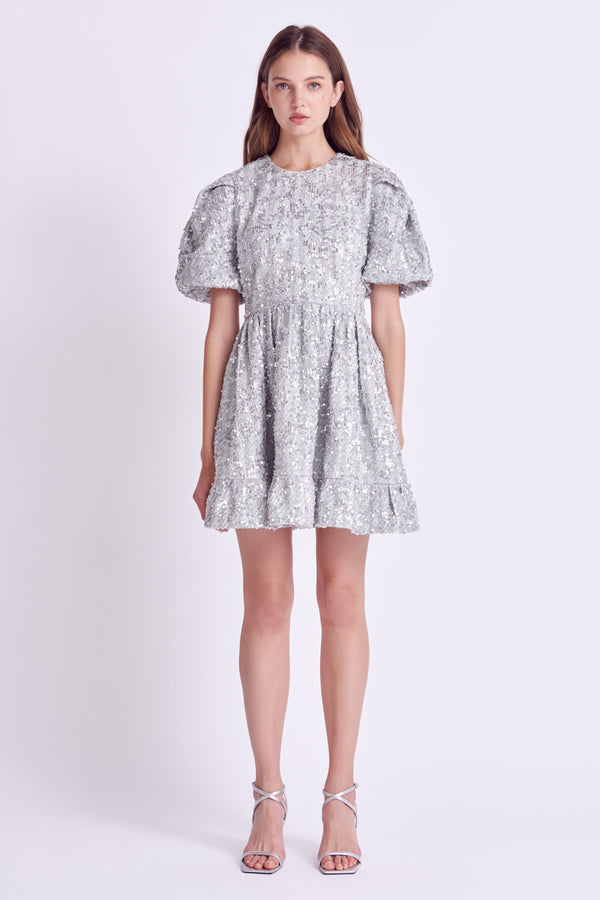 english factory Sequin Tweed Tiered Mini Dress SILVER