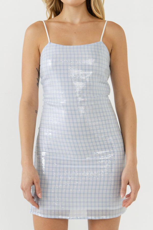 English Factory Sequins Plaid Bodycon Mini Dress POWDER BLUE