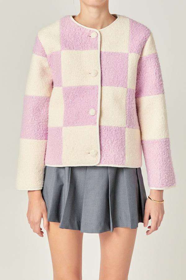 English Factory Shearling Check Cardigan LILAC/CREAM