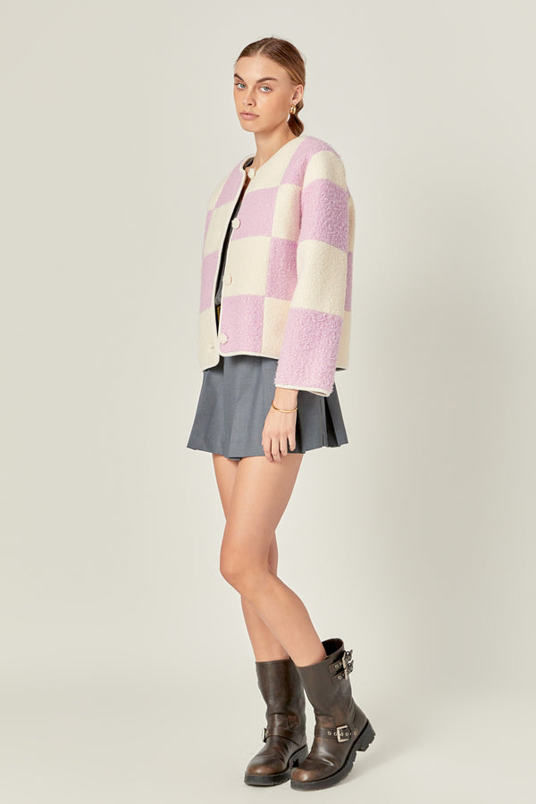 English Factory Shearling Check Cardigan LILAC/CREAM