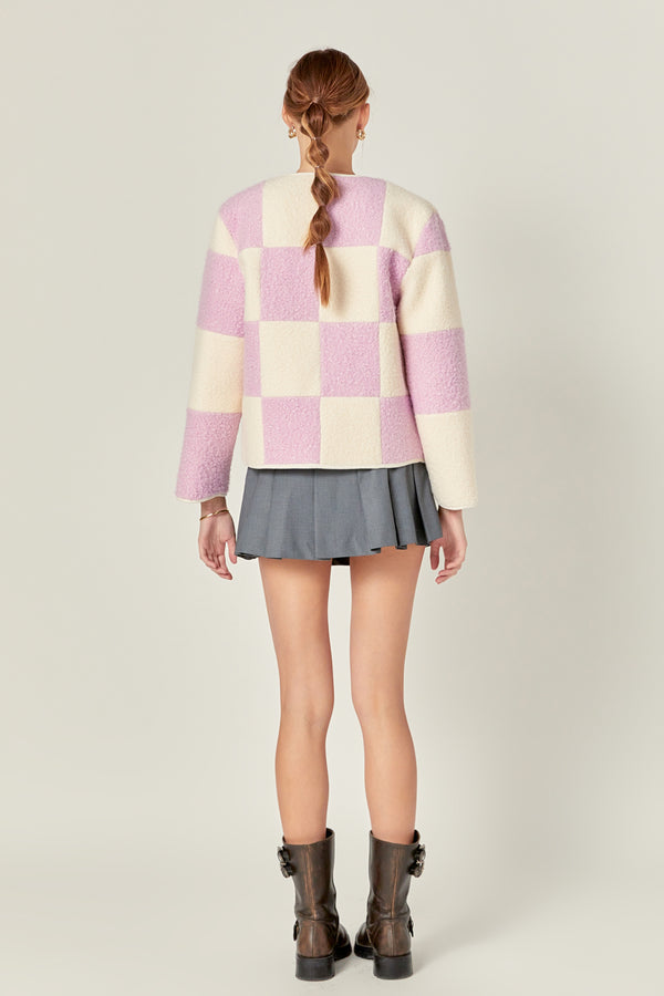English Factory Shearling Check Cardigan LILAC/CREAM