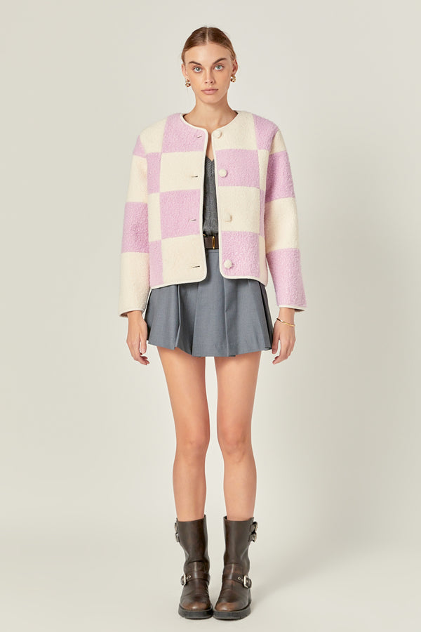 english factory Shearling Check Cardigan LILAC/CREAM