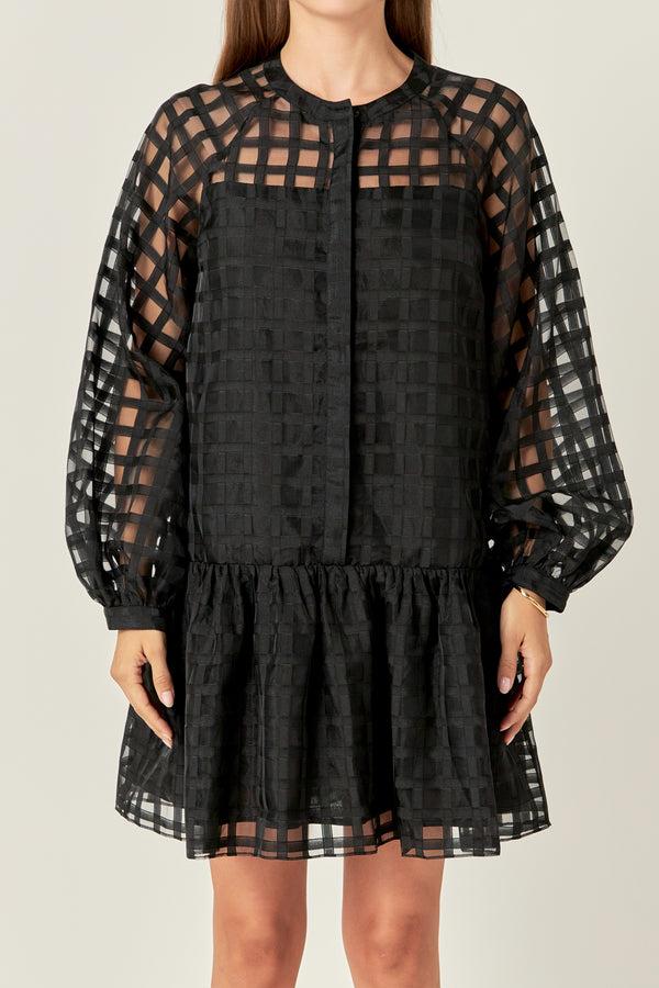 English Factory Sheer Checkered Organza Long Sleeve Mini Dress In Black BLACK