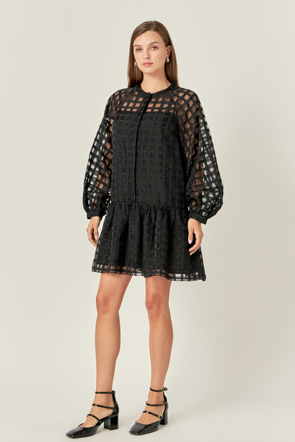 English Factory Sheer Checkered Organza Long Sleeve Mini Dress In Black BLACK