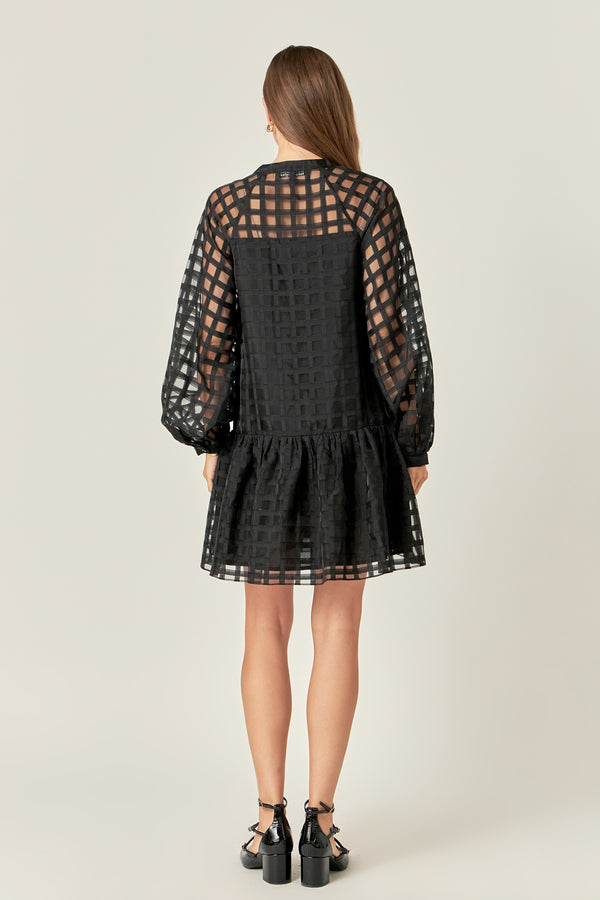 English Factory Sheer Checkered Organza Long Sleeve Mini Dress In Black BLACK