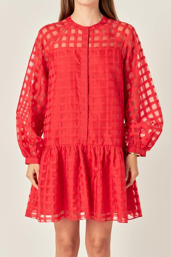 English Factory Sheer Checkered Organza Long Sleeve Mini Dress RED