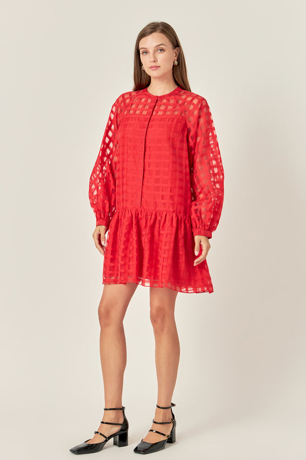 English Factory Sheer Checkered Organza Long Sleeve Mini Dress RED