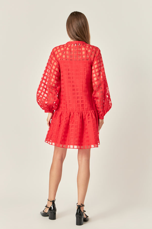 English Factory Sheer Checkered Organza Long Sleeve Mini Dress RED