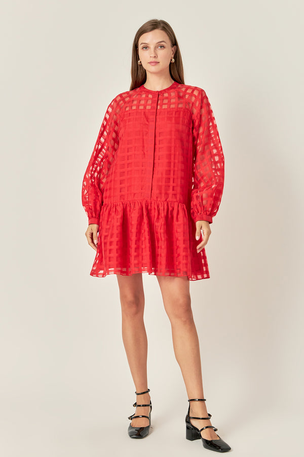 english factory Sheer Checkered Organza Long Sleeve Mini Dress RED