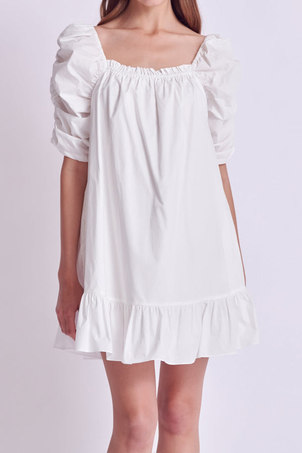 English Factory Shirred Puff Sleeve Mini Dress WHITE