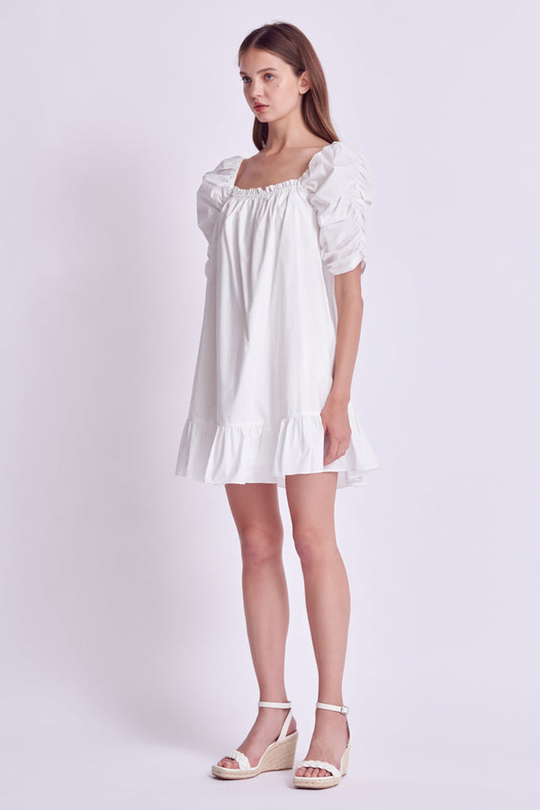 English Factory Shirred Puff Sleeve Mini Dress WHITE