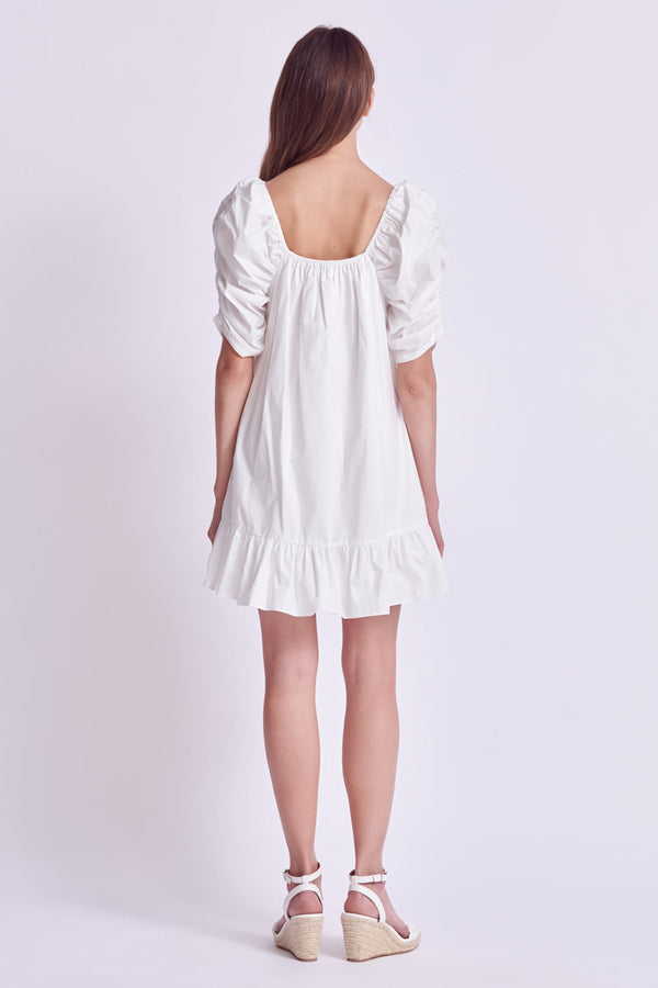 English Factory Shirred Puff Sleeve Mini Dress WHITE