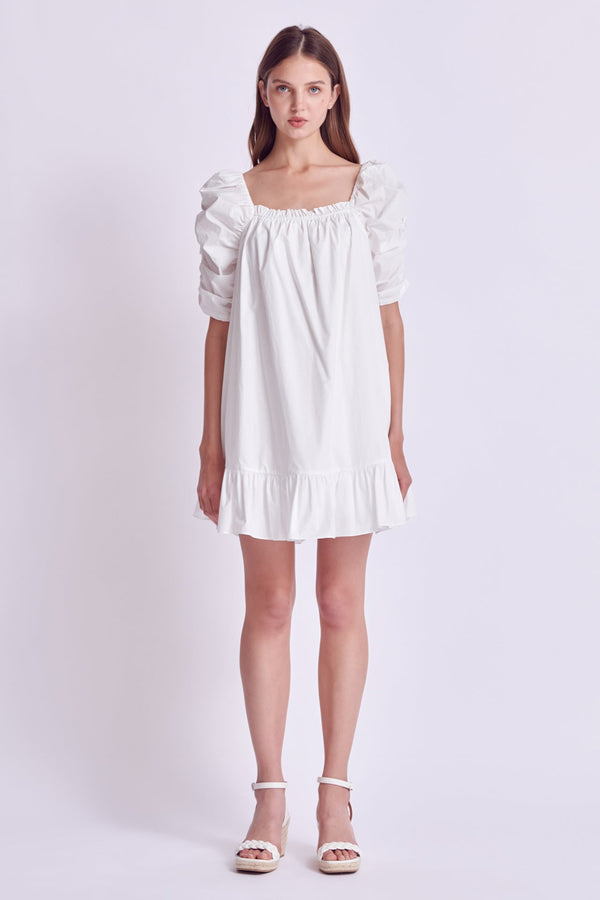 english factory Shirred Puff Sleeve Mini Dress WHITE