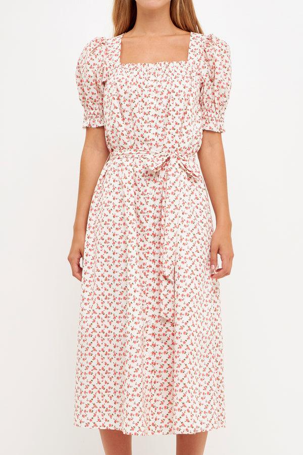 English Factory Short Puff Sleeve Floral Midi Dress WHITE/PINK