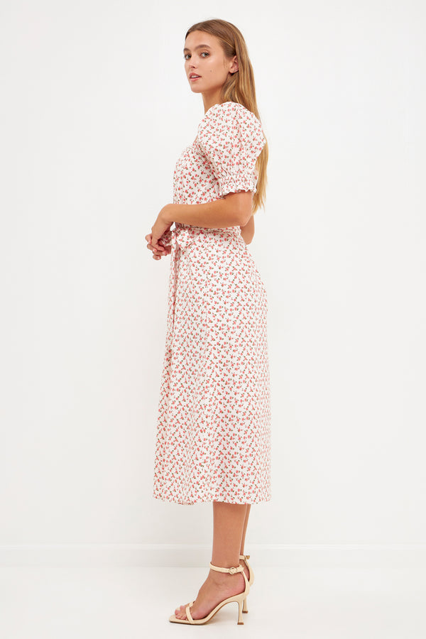 English Factory Short Puff Sleeve Floral Midi Dress WHITE/PINK
