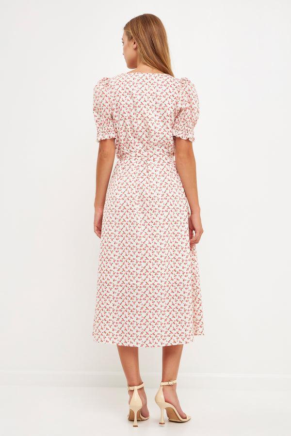 English Factory Short Puff Sleeve Floral Midi Dress WHITE/PINK