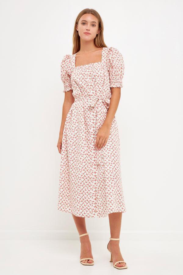 english factory Short Puff Sleeve Floral Midi Dress WHITE/PINK