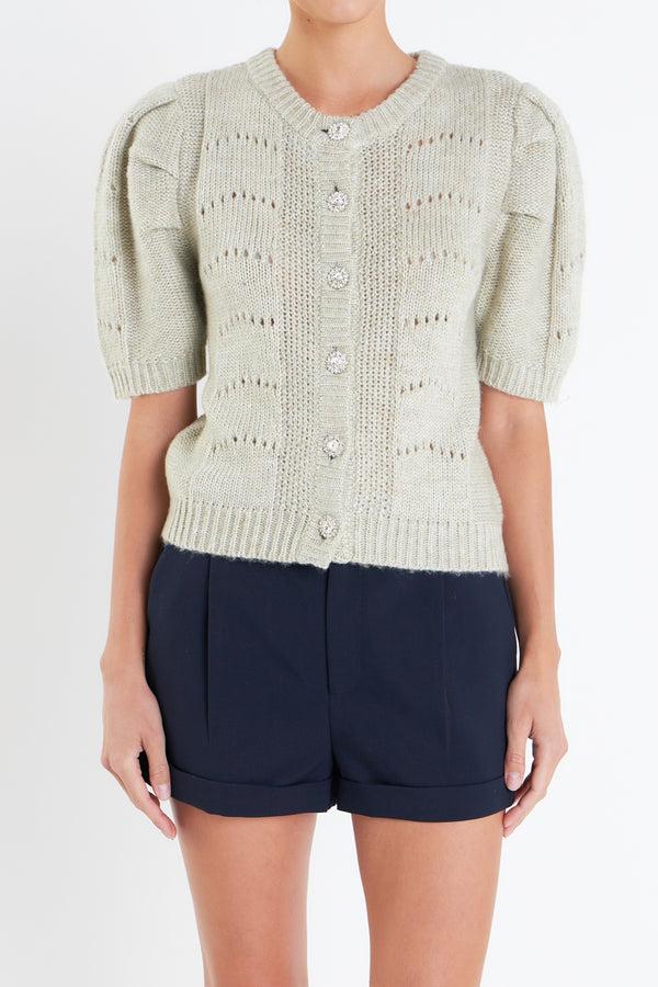 English Factory Short Puff Sleeve Knit Cardigan GREEN