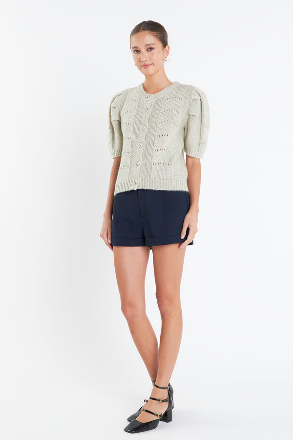 English Factory Short Puff Sleeve Knit Cardigan GREEN