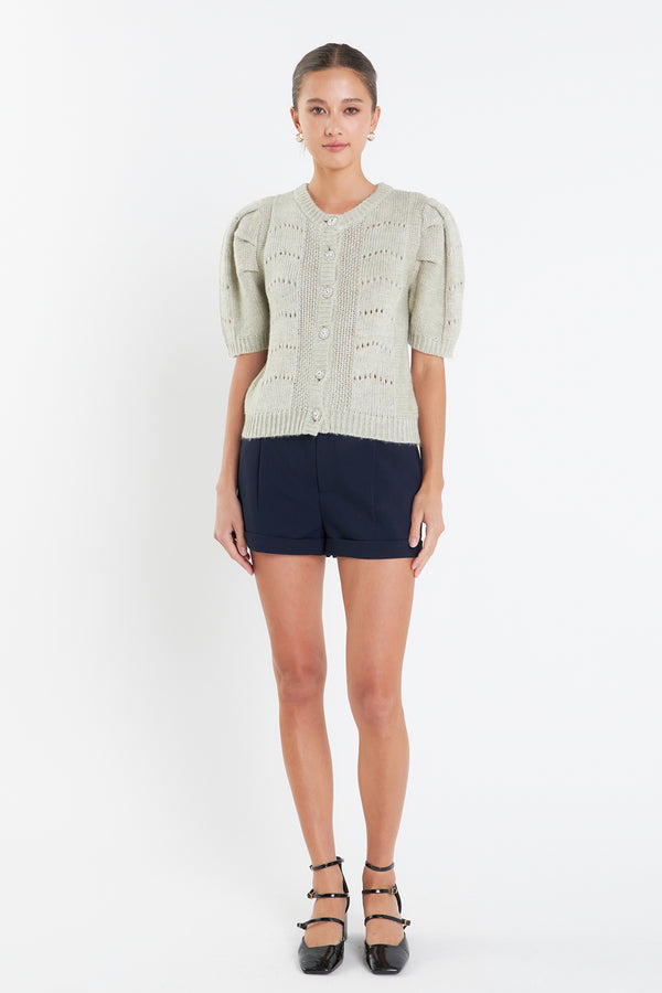 english factory Short Puff Sleeve Knit Cardigan GREEN