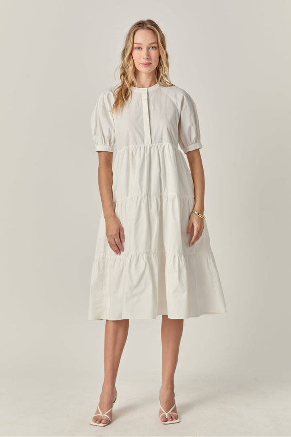 english factory Short Puff Sleeve Midi Dress With Pockets WHITE