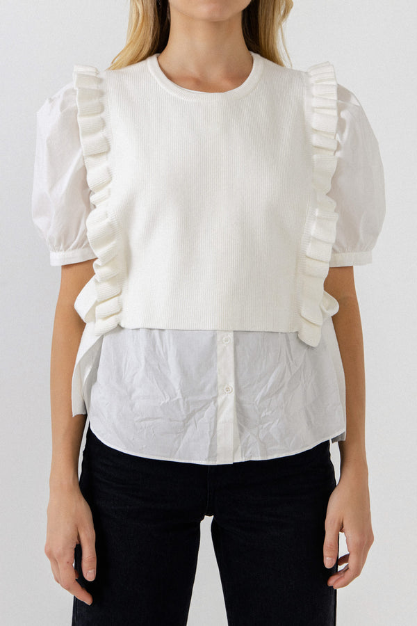 English Factory Short Puff Sleeve Shirt With Ruffed Sweater IVORY