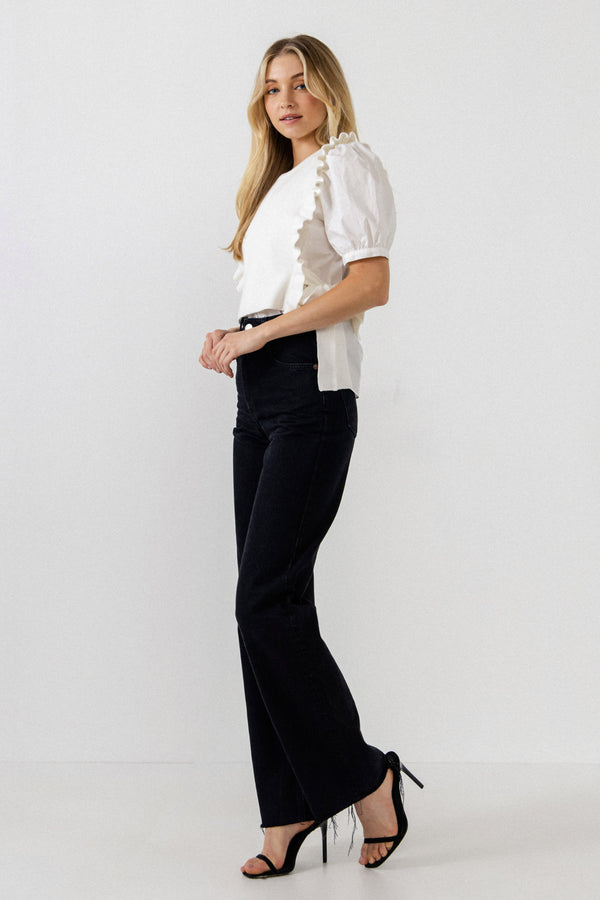 English Factory Short Puff Sleeve Shirt With Ruffed Sweater IVORY