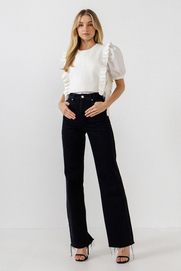 english factory Short Puff Sleeve Shirt with Ruffed Sweater IVORY