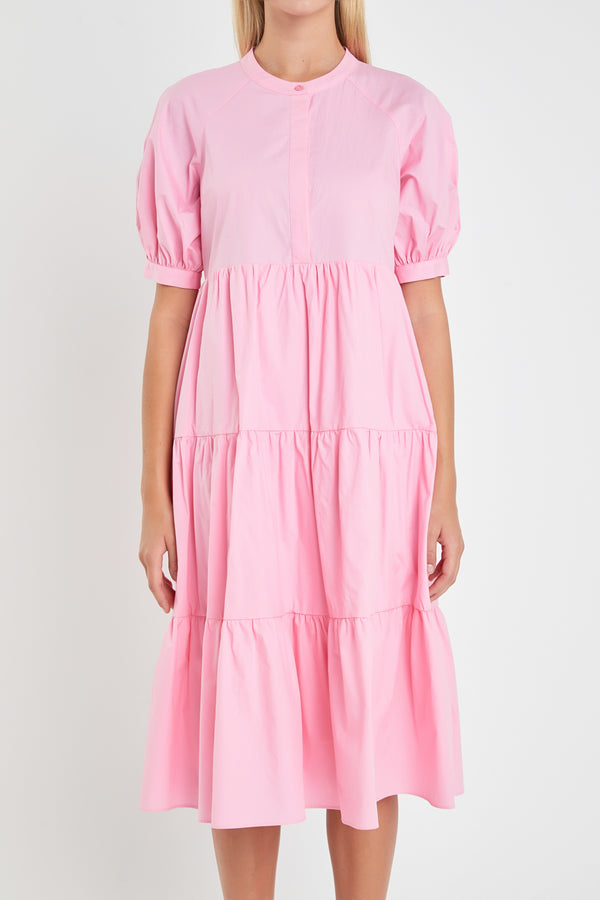 English Factory Short Puff Sleeve Tiered Midi Dress PINK