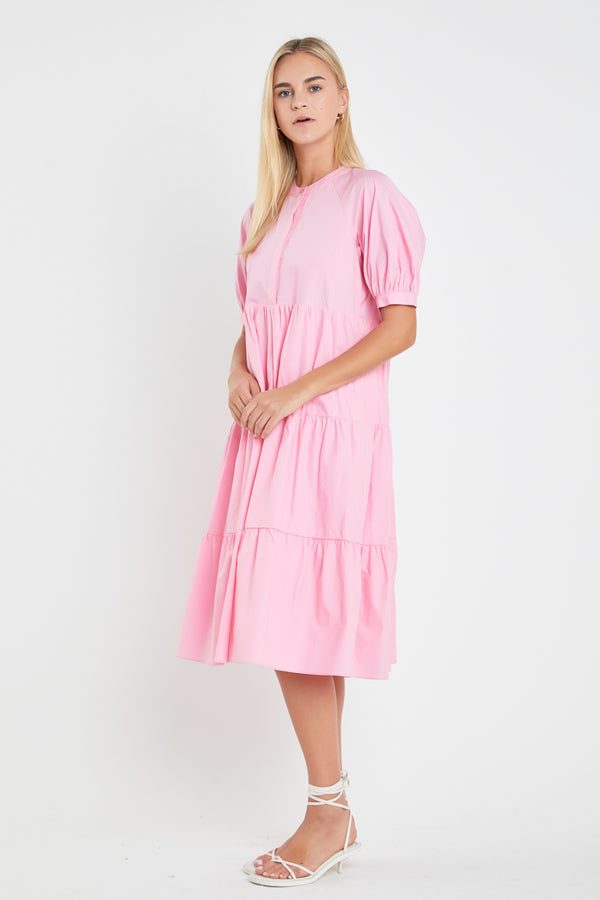 English Factory Short Puff Sleeve Tiered Midi Dress PINK