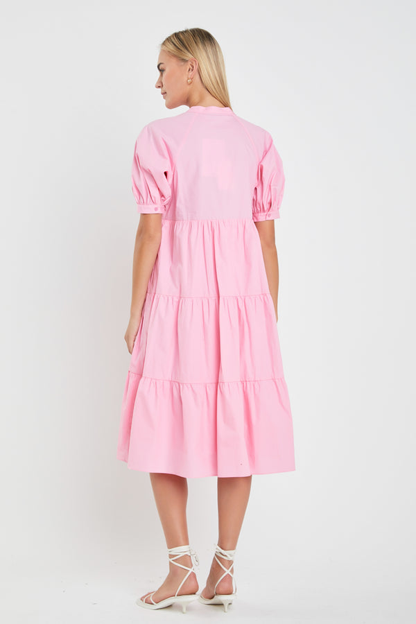 English Factory Short Puff Sleeve Tiered Midi Dress PINK