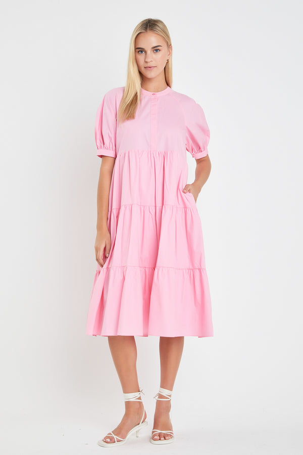 english factory Short Puff Sleeve Tiered Midi Dress PINK