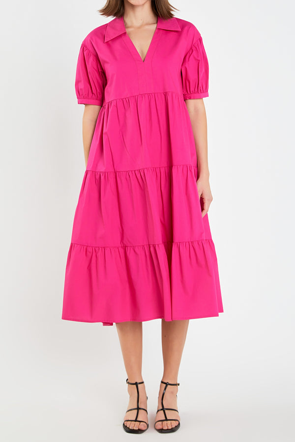 English Factory Short Puff Sleeve V-Neck Midi Dress FUCHSIA