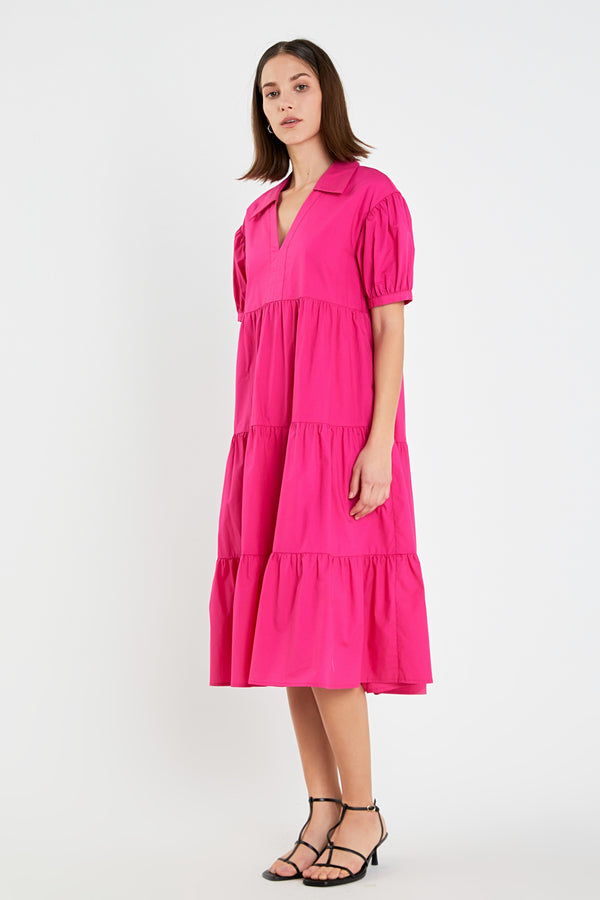 English Factory Short Puff Sleeve V-Neck Midi Dress FUCHSIA