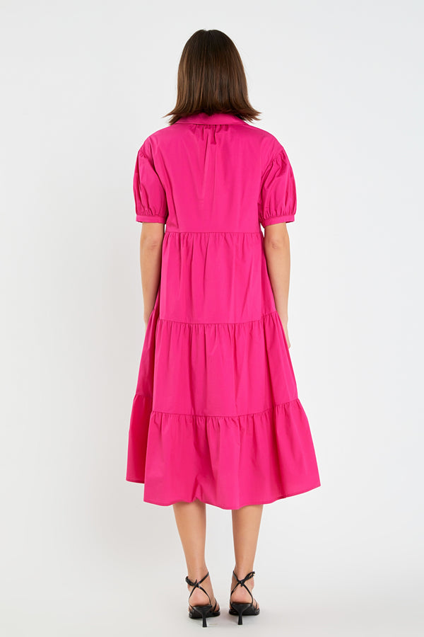 English Factory Short Puff Sleeve V-Neck Midi Dress FUCHSIA