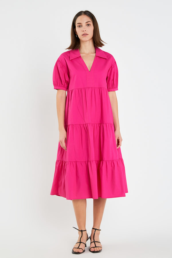 english factory Short Puff Sleeve V-Neck Midi Dress FUCHSIA