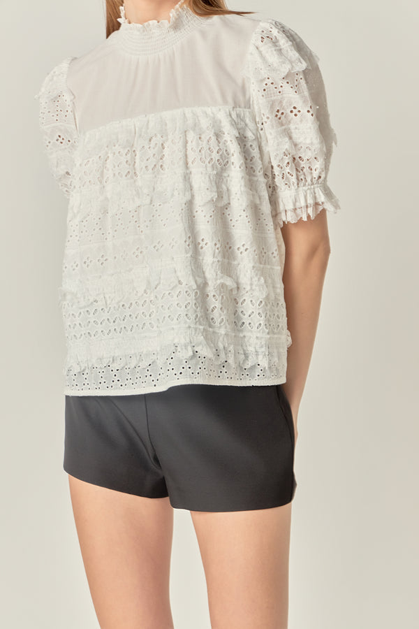 English Factory Short Sleeve Lace Babydoll Top OFF WHITE