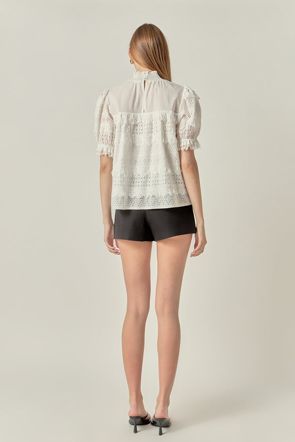 English Factory Short Sleeve Lace Babydoll Top OFF WHITE