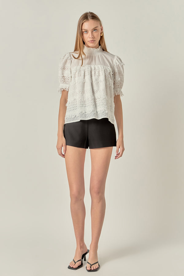 english factory Short Sleeve Lace Babydoll Top OFF WHITE