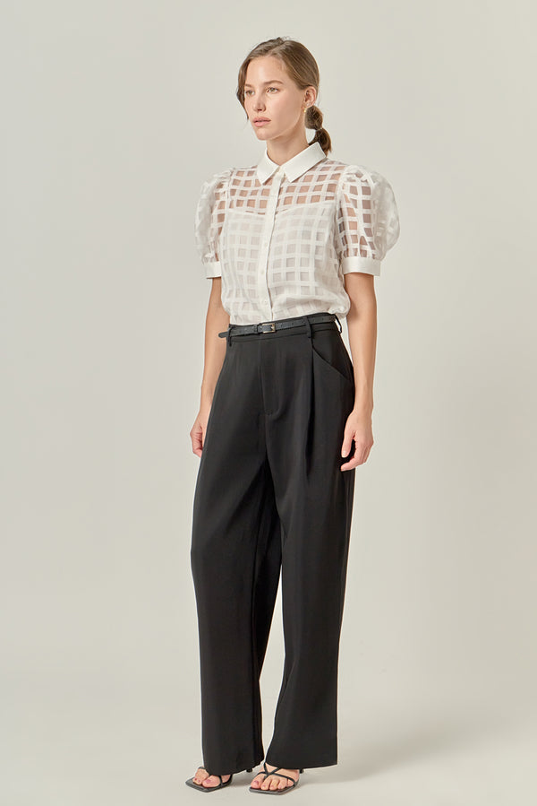 English Factory Short Sleeve Organza Grid Blouse WHITE