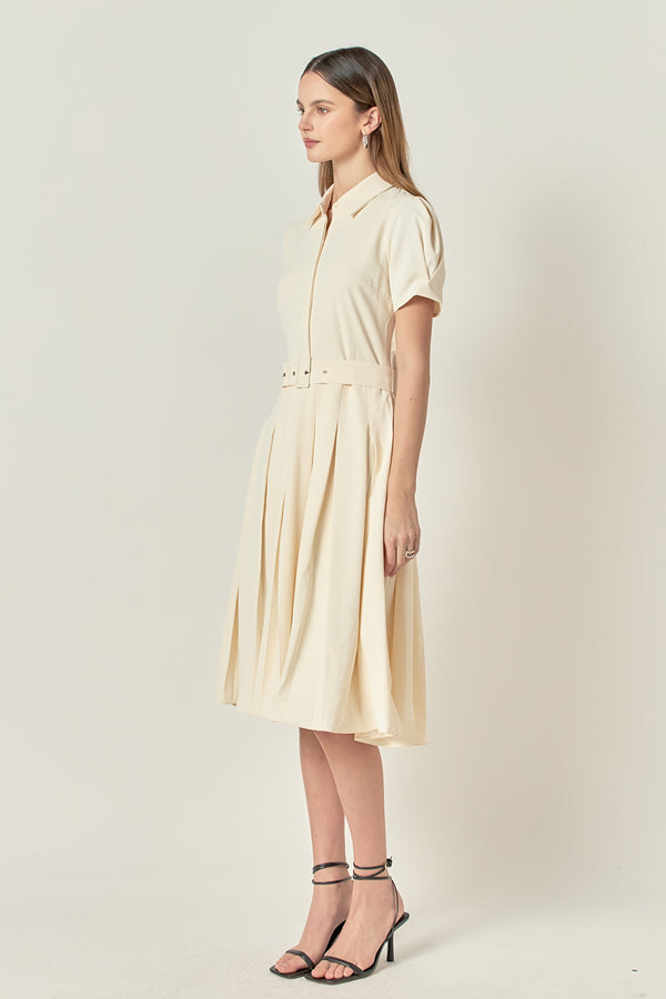 English Factory Short-Sleeve Pleated Midi Dress CREAM