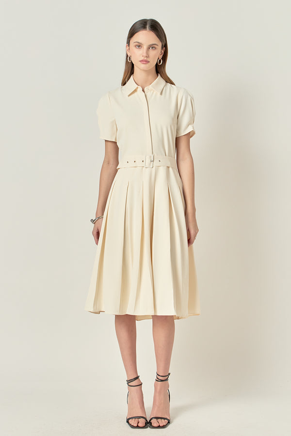 english factory Short-Sleeve Pleated Midi Dress CREAM