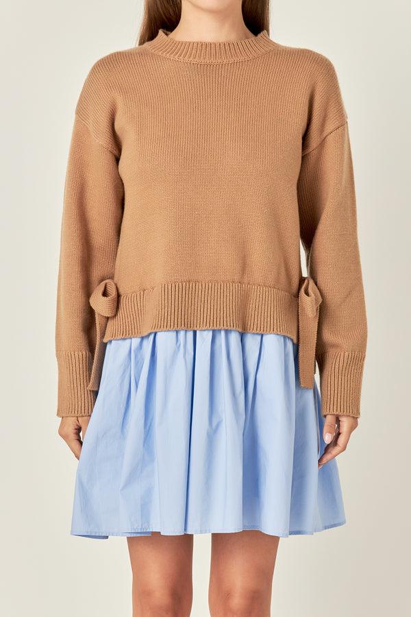 English Factory Side Tie Mixed Media Mini Dress TAN/POWDER BLUE