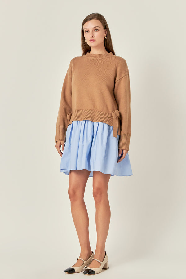 English Factory Side Tie Mixed Media Mini Dress TAN/POWDER BLUE