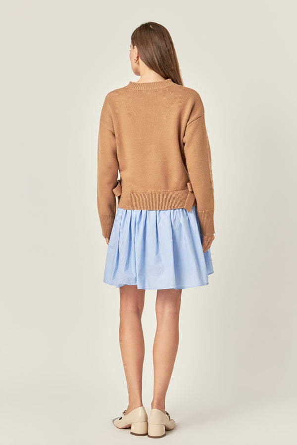 English Factory Side Tie Mixed Media Mini Dress TAN/POWDER BLUE