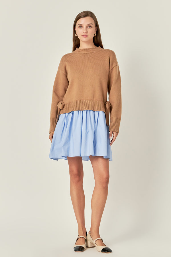 english factory Side Tie Mixed Media Mini Dress TAN/POWDER BLUE