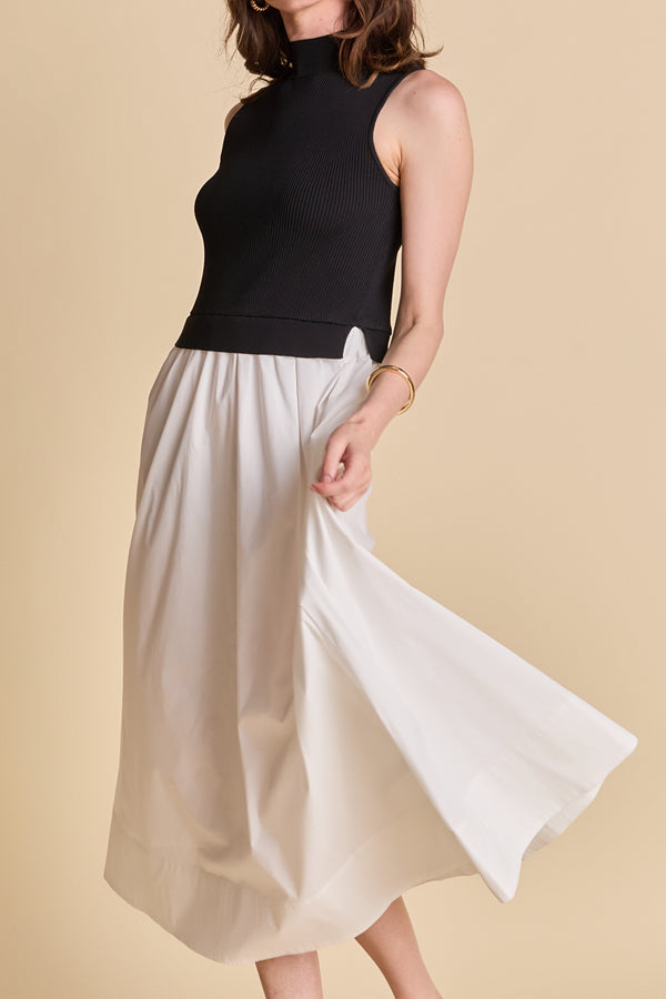 English Factory Sleeveless Mixed Media Midi Dress BLACK/WHITE