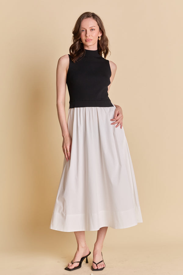 english factory Sleeveless Mixed Media Midi Dress BLACK/WHITE