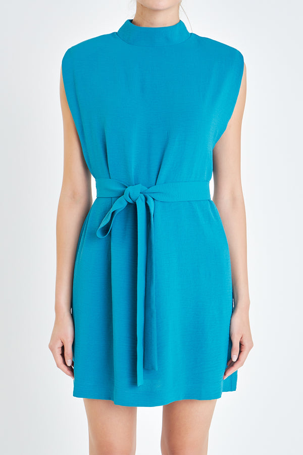 English Factory Sleveless Shoulder Pad Shift Dress With Tie TURQUOISE